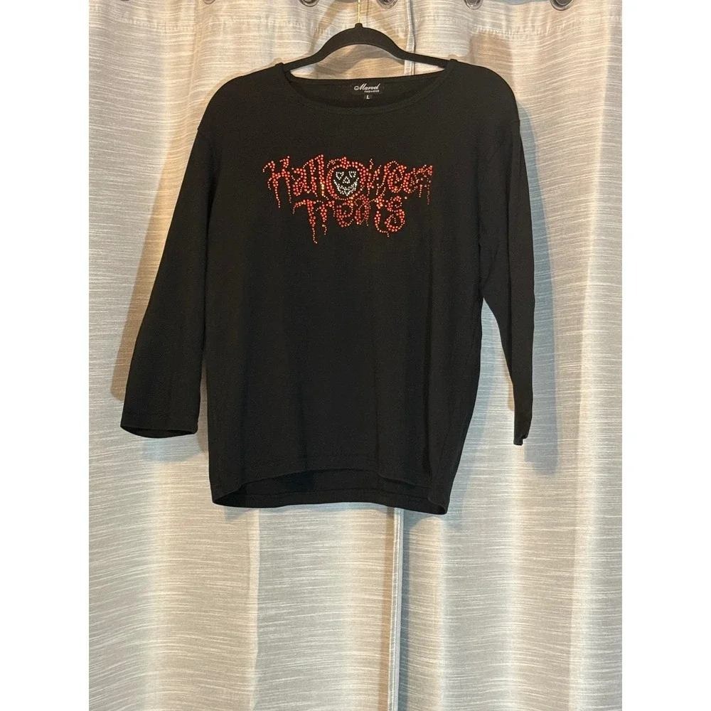 Halloween Treats Rhinestone Embellished Black Long Sleeve Top L Pumpkin Spooky